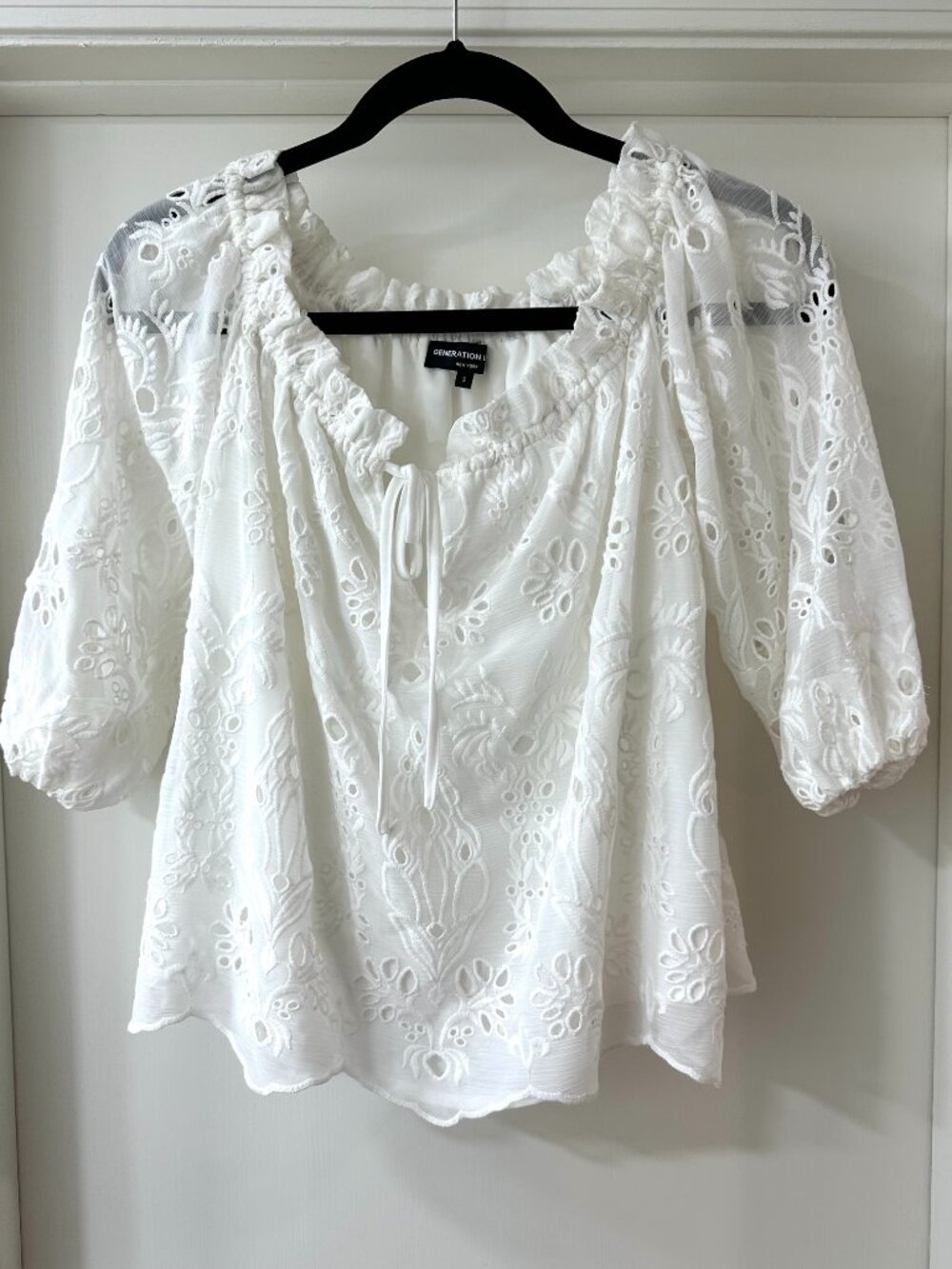 Generation Love White Eyelet Floral Embroidered Blouse with Tie, Size Small